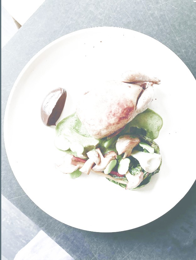 Roasted bird with herbs and mushrooms